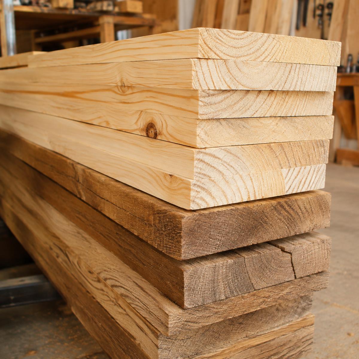 Stablede planker av furu og eik
